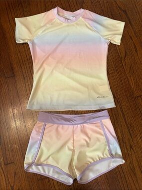 NWNT Pre teen 10/12 Y EDDIE BAUER Pastel S/Slv shirt and Swim Shorts